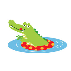 Fototapeta premium Cute a crocodile is swimming using a buoy