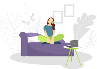Vector illustration with a girl sitting on a sofa and listening to music.Girl at home listening to an audio lesson from a laptop . Poster motivating to listening to music. For sites, articles, posters
