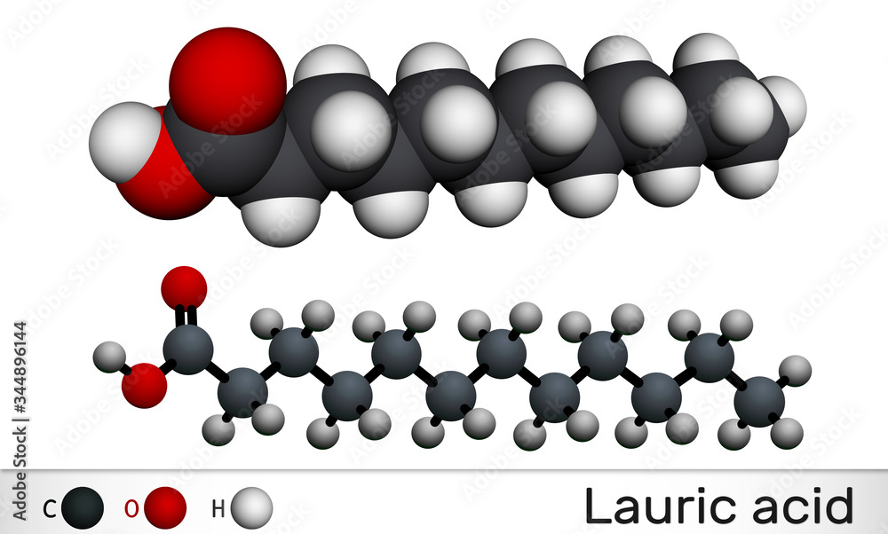 Wall mural Lauric acid, dodecanoic acid, C12H24O2 molecule. It is a saturated fatty acid. Molecular model