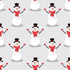 Seamless cute snowman on silver background, vector illustration