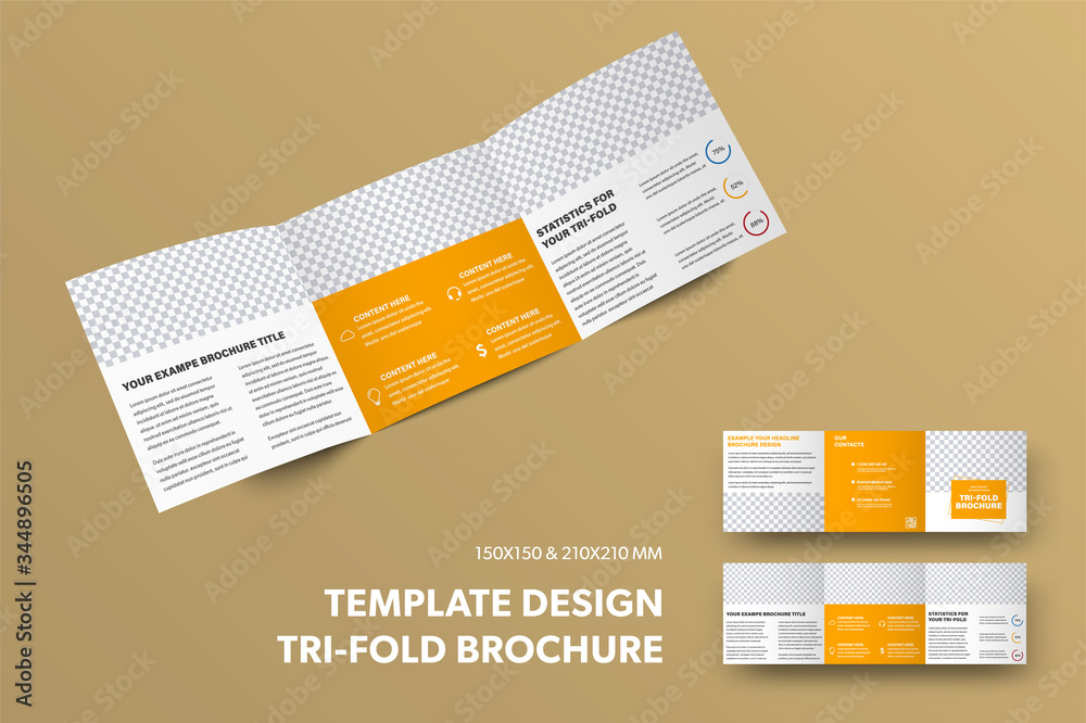 Aufkleber Square open tri-fold template with place for photo, isolated on background. Brochure design presentation layout with orange rectangles.