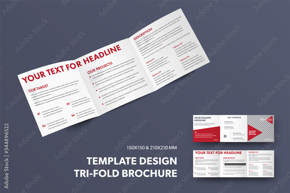 Leinwandbilder standard square brochure template with presentation of design, open tri-fold with red triangles, pla