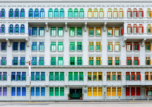 Old Hill Street Police Station historic building in Singapore. Neo-classical style building with colorful windows.