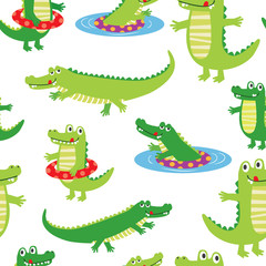 Seamless cute Crocodile character sets on white background, vector illustration