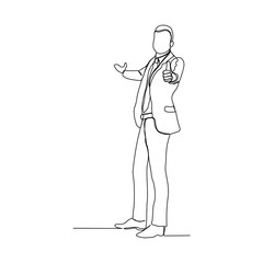 continuous line drawing of business man show presentation with thumb up finger gesture. Vector illustration