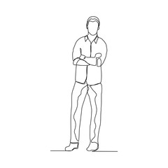 Continuous line drawing of standing man crossing hand gesture. Vector illustration