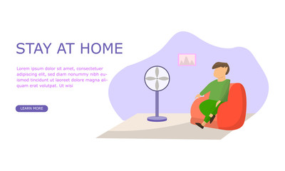 An illustration of man sitting on comfy single sofa in front of the fan. Stay At Home concept. Can use for website pages, template, infographic and cover. Isolated self at home.