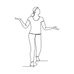 Continuous line drawing of standing woman open palm hand gesture to make comparison. Vector illustration