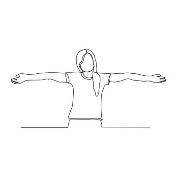 Continuous line drawing of happy woman open hand palm feel free. Vector illustration