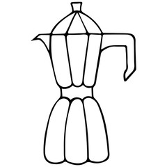 Geyser coffee maker. Utensils for brewing morning coffee. Vector illustration in doodle style. Contour on an isolated white background. Sketch. Kitchenware. Making a flavoring drink under pressure. 