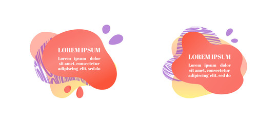 Abstract liquid shape set with gradient, zebra print texture, coral color (2019 trend). Design element for banners, flyers. Isolated, white background, with place for your text. Vector illustration.