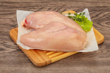 Raw chicken breast over board