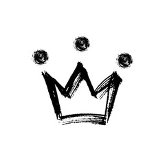 Hand drawn isolated crown black silhouette. Grunge brush and pencil (chalk or charcoal) texture. Made by tracing, white background. Vector illustration