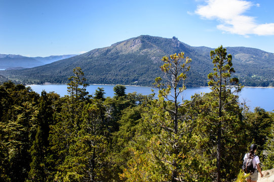 Lake scenery in mountains, trees, green mountain scenery