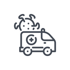 Ambulance with infected viruses line icon. Virus Transmission vector outline sign.