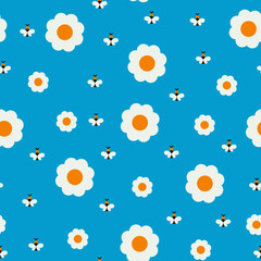 Summer flowers seamless pattern. Abstract daisy bee floral silhouette background for greeting card, wallpaper, wall art, packaging, print, fabric. Vector illustration