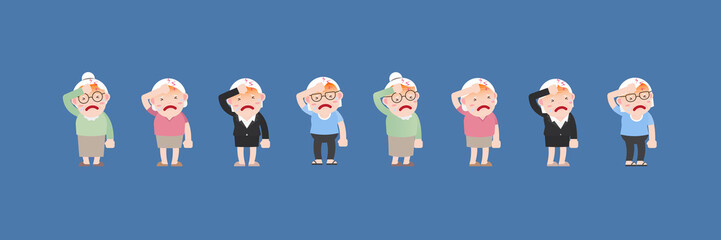 Character set of Old woman or Grandmother, Older seniors retired are pressing hand to her forehead, Stressed from migraine headache flat style Vector
