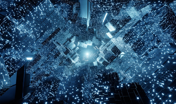 Sci-fi glowing dark tunnel with point of light at the end of tunnel. 3D rendering abstract background