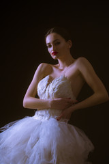 Portrait of an elegant refined ballet woman dancer posing in studio over black background. Talent, fashion for ballet dancers. © Roman