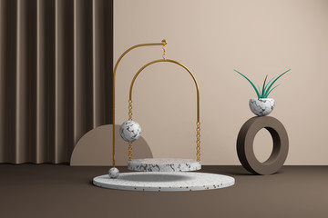 3d rendering abstract pedestal, marble platform in a golden arch from a chain in a stylish brown interior with a plant and a curtain. Premium product showcase, empty space modern design.