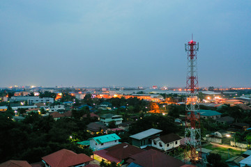 Aerial view, telephone tower post in the evening
