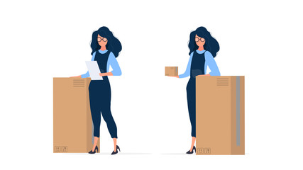 A girl in overalls holds a box in her hands. Girl with a big cardboard box. Isolated. Vector.