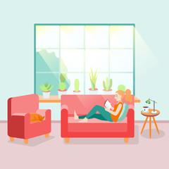 Redhead woman chilling and reading a book on couch at home with her cat lying close by and sunlight coming through the window illustration