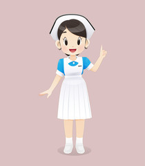 Nursing student wearing a blue and white uniform stands on a pink background. Smiling female nursing staff. Vector illustration in Cartoon character design