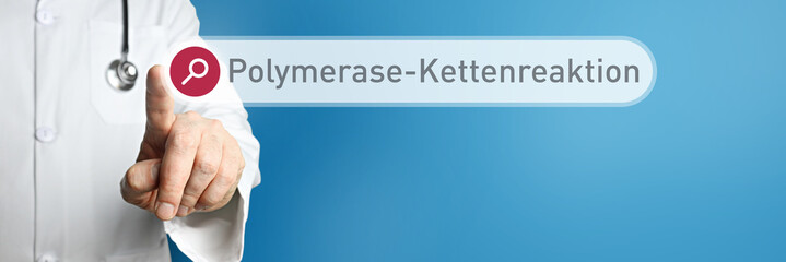 Polymerase-Kettenreaktion. Arzt im Kittel zeigt mit dem Finger auf ein Suchfeld. Der Begriff...
