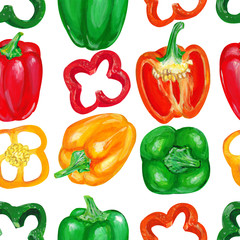 Red, green, yellow bell peppers with slices on a white background. Vegetable seamless pattern design for wallpaper, packaging, textile, fabric.