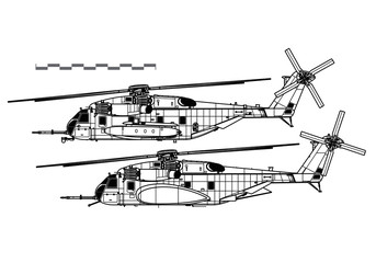 Sikorsky CH-53E Super Stallion. Vector drawing of heavy-lift cargo helicopter. Side view. Image for illustration and infographics.