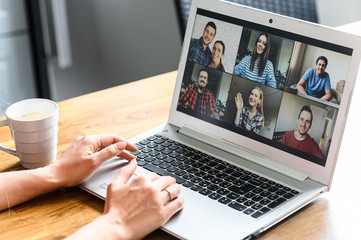 Video call, zoom. Icons of a group of people on laptop screen, app for video online communication....