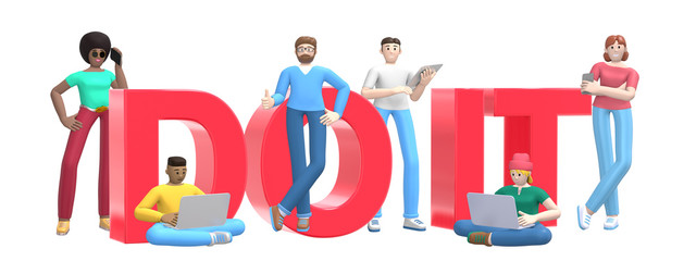 Group of young multiethnic successful people with laptop, tablet, phone and word do it on white background. Horizontal banner cartoon character and text website slogan. 3D rendering.