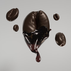Coffee beans Splash on coffee, isolated on white background , 3d illustration 3D Rendering
