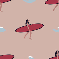Surfing illustration in vector. Girl surfer in bikini seamless pattern in vector.