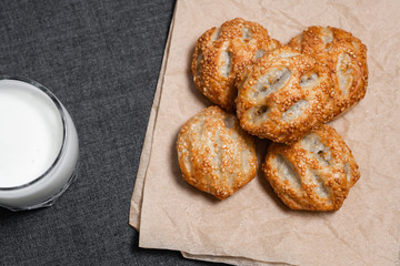 Buns from the furnace craft, food paper
Photo on a dark background