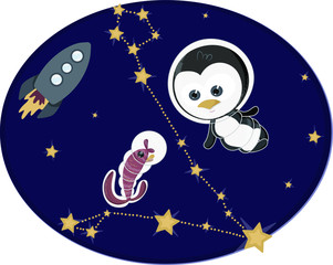 Cartoon character - funny penguin astronaut with fish in space. Hand drawn vector illustration. Childish t shirt print design.