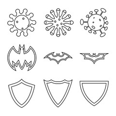 Set illustration of viruses, bats, and shield with a line style.