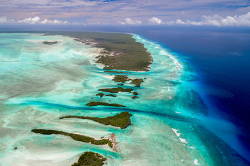 Aerial drone shot of the Aldabra Atoll UNESCO World Heritage Site in Seychelles,  Indian Ocean