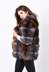 Woman makeup and hairstyle posing mink or sable fur coat. Fur fashion concept. Winter elite luxury...