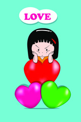 girl with heart  on blue background