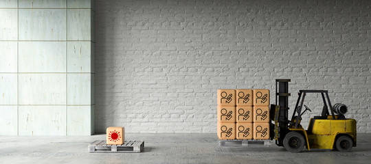 forklift with wooden boxes and vaccination icons in front of industrial background