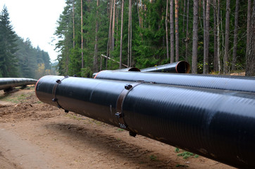 Sections of pipe on top of wooden supports at an construction site for natural gas. Construction...