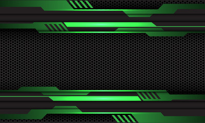 Abstract green metallic circuit on dark grey hexagon mesh pattern design modern futuristic technology background vector illustration.