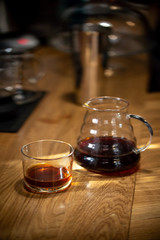 Pour over black coffee hario on table coffee house cafe serving kettle