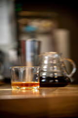 Pour over black coffee hario on table coffee house cafe serving kettle