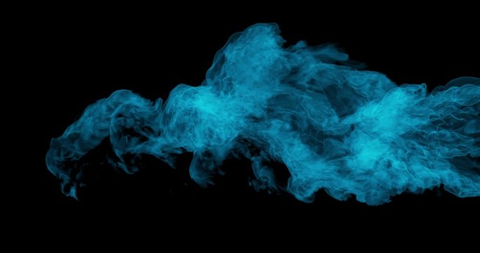 4K blue smoke on black background, abstract fluid simulation. 3D rendering