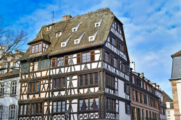 Fototapeta premium Traditional European style half timbered frame house in historical city center of Strasbourg in France