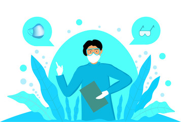 Vector illustration. A doctor in protective gear against COVID-19 coronavirus and encourages their use