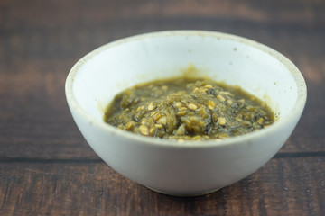 Nam Prik Num (Northern Thai Green Chilli Dip) in bowl